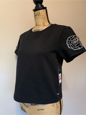 KARL LAGERFELD ladies black cotton blend embellished cut out tee NWT in size XS